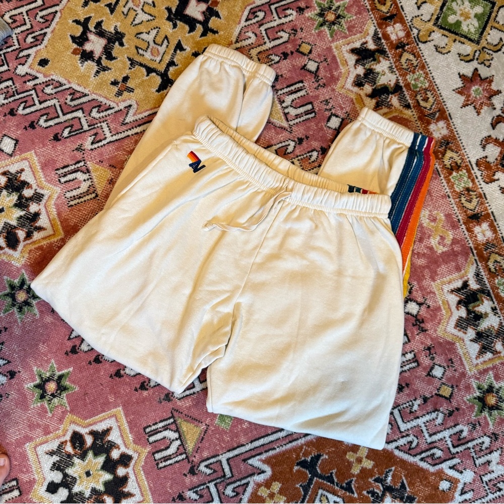 AVIATOR NATION Rainbow Stripe Cream Sweatpants Joggers Size Large